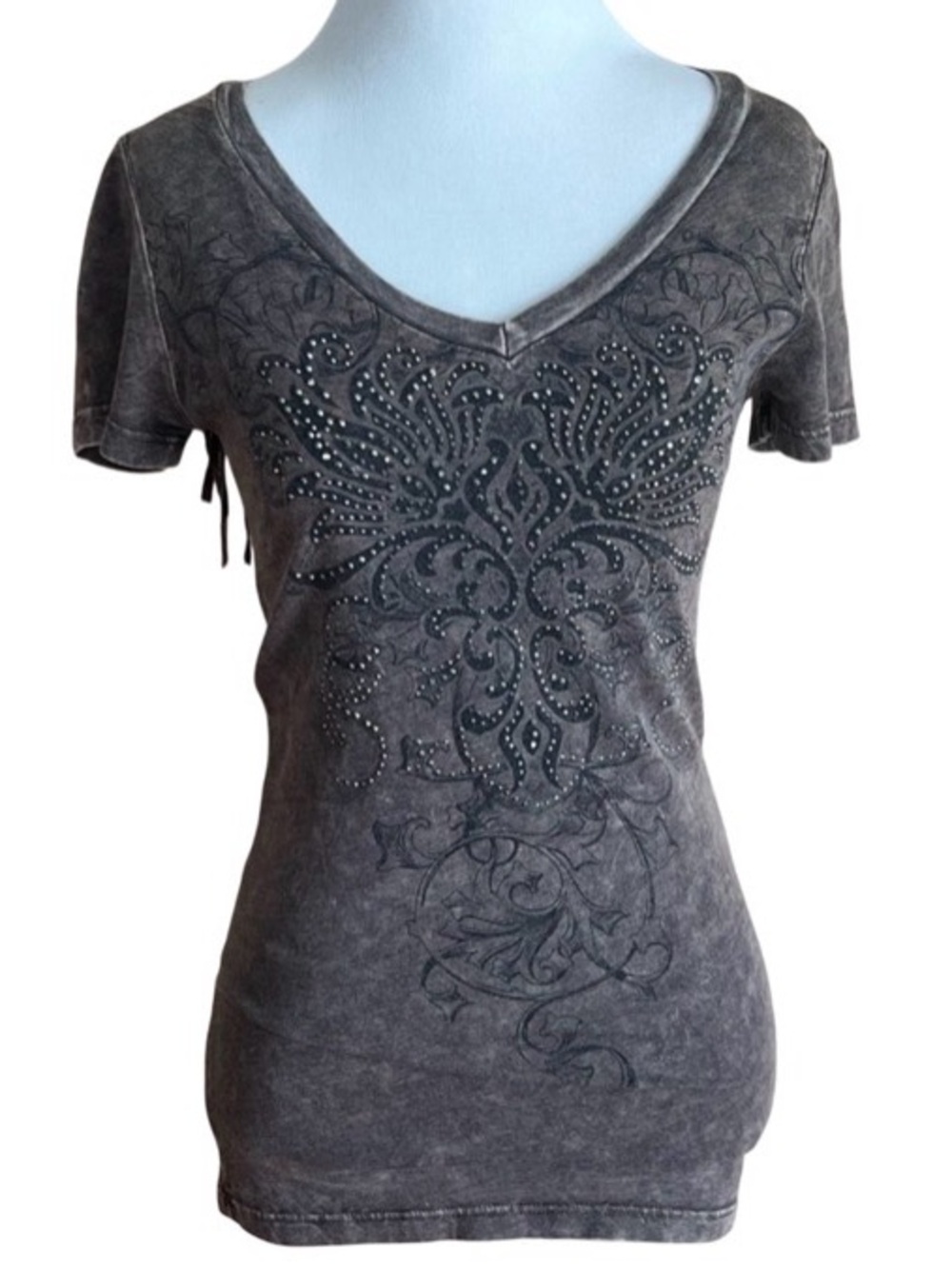 Vocal Brown Distressed Short Sleeve Tee with Studded Embellishment